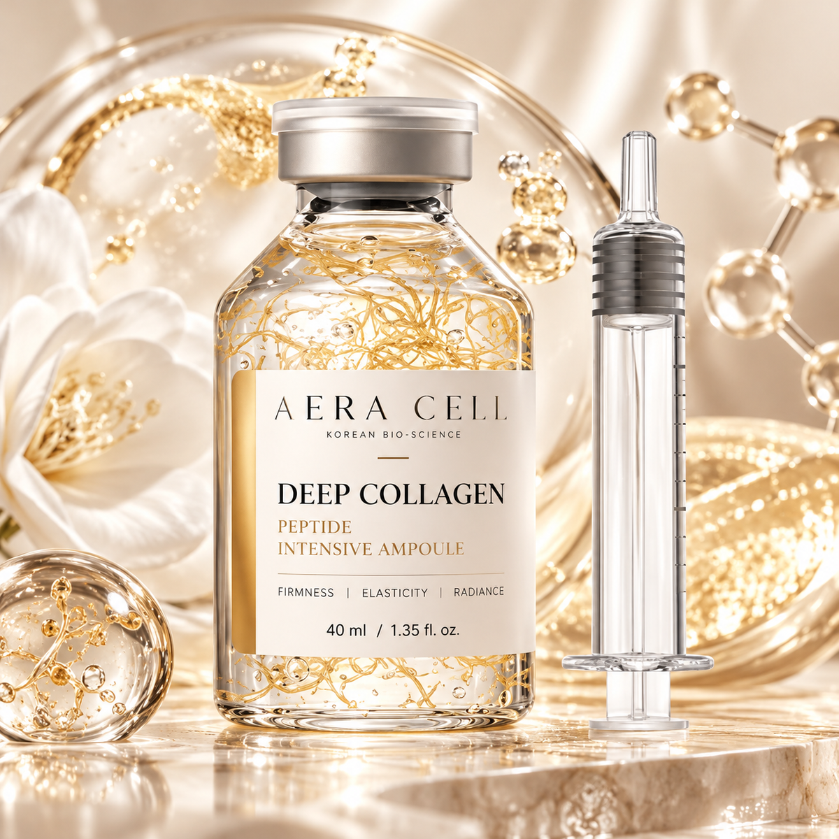 AI-generated AERA CELL Gold Reserve Deep Collagen Peptide Ampoule 40ml gold packaging concept