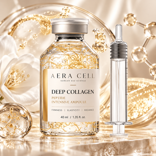 AI-generated AERA CELL Gold Reserve Deep Collagen Peptide Ampoule 40ml gold packaging concept