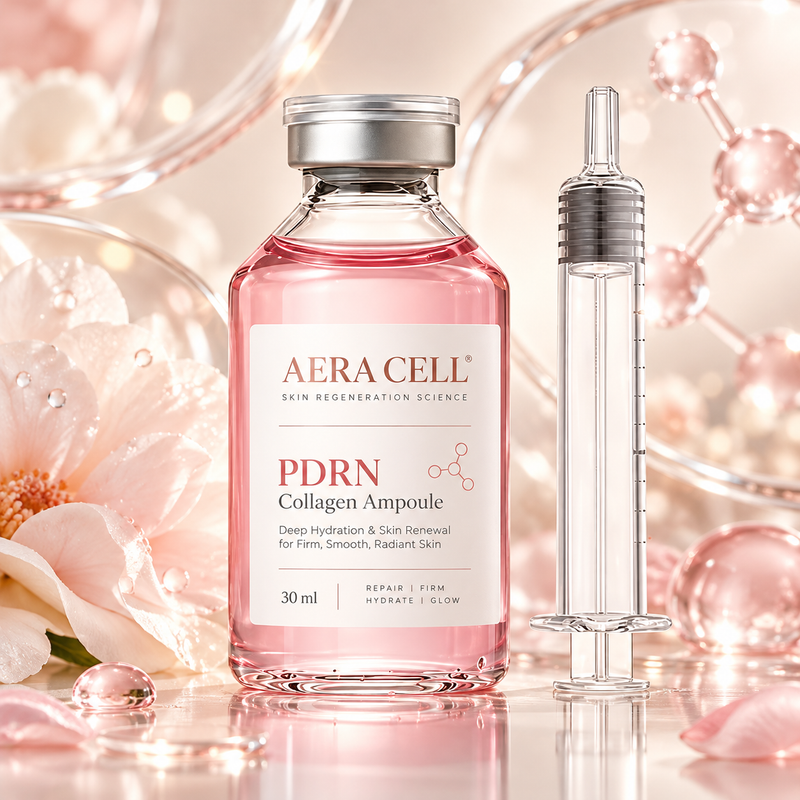 AI-generated AERA CELL Rose Veil PDRN Collagen Ampoule 30ml packaging concept, pink vial with clear applicator