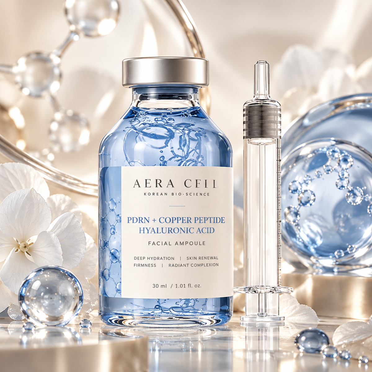 AI-generated AERA CELL Blue Matrix PDRN Copper Peptide Hyaluronic Ampoule packaging concept in blue