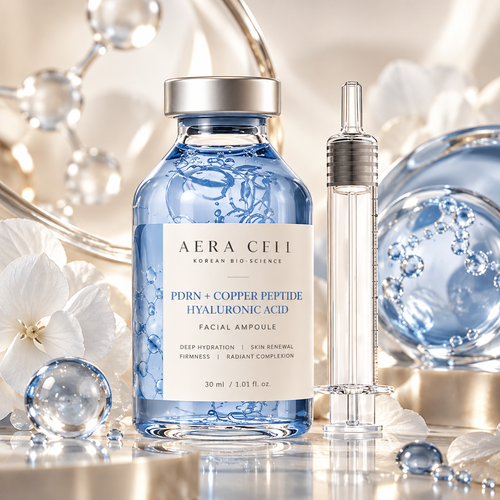 AI-generated AERA CELL Blue Matrix PDRN Copper Peptide Hyaluronic Ampoule packaging concept in blue