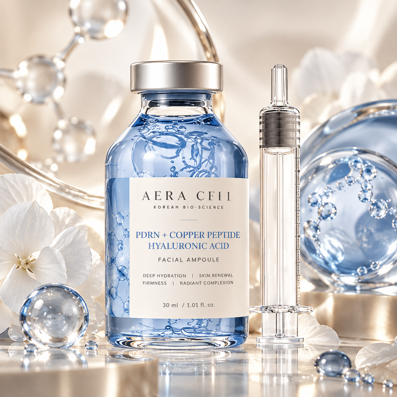AI-generated AERA CELL Blue Matrix PDRN Copper Peptide Hyaluronic Ampoule packaging concept in blue