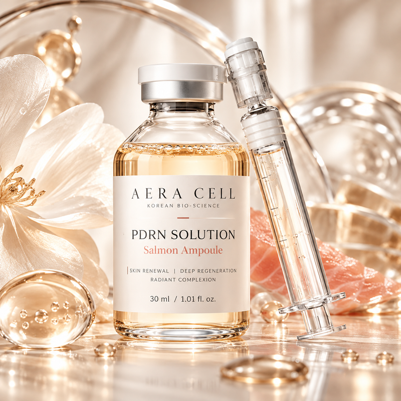 AI-generated AERA CELL Amber Essence PDRN solution ampoule 30 ml champagne-gold packaging concept