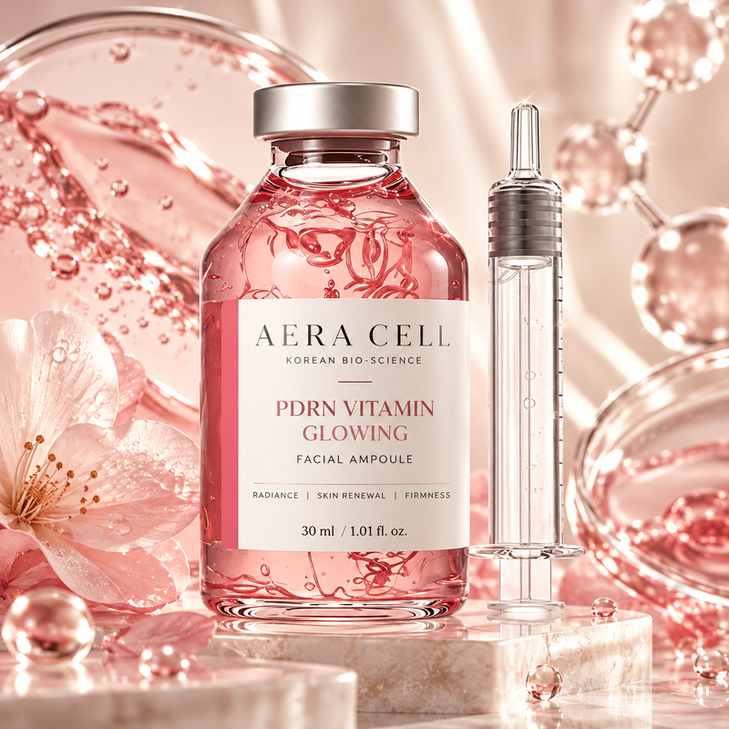 AI-generated AERA CELL Pink Lumina PDRN Vitamin Glow Ampoule 30ml pink packaging concept
